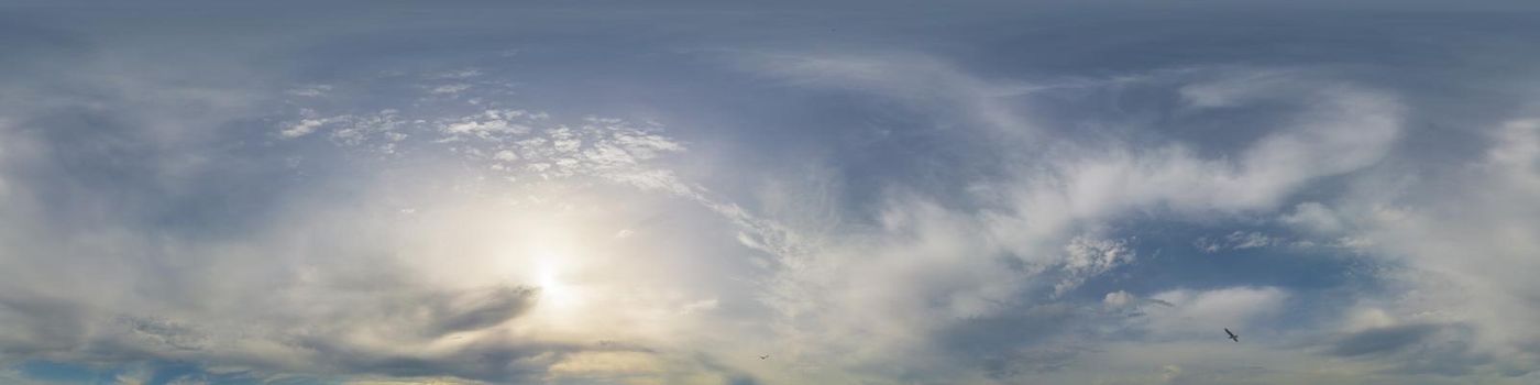 Sky panorama with Cirrus clouds in Seamless spherical equirectangular format. Full zenith for use in 3D graphics, game and editing aerial drone 360 degree panoramas for sky replacement