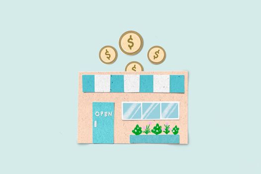 Paper cut texture style of Business concept put a coin in a store metaphor invest in business , Franchise business growth with earning money.