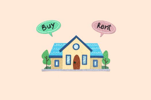 Paper cut texture style of home with Buy or Rent in bubble speech, copy space, business concept.