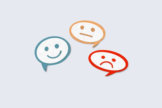 Paper cut texture set of emoji emoticons in speech bar with sad and happy mood. Increase rating, Customer experience, Satisfaction and best excellent services rating concept.