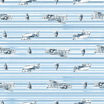 Blue stripe with hand drawn sailboats seamless pattern nautical mood ,Design for fashion , fabric, textile, wallpaper, cover, web , wrapping and all prints