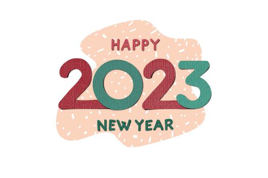 Paper cut style of Logo design 2023 Happy New Year trend text design. For banner, web, social network, cover and calendar. Flag sign 2023 isolated on white background