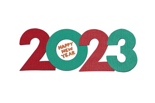 Paper cut style of Logo design 2023 Happy New Year trend text design. For banner, web, social network, cover and calendar. Flag sign 2023 isolated on white background