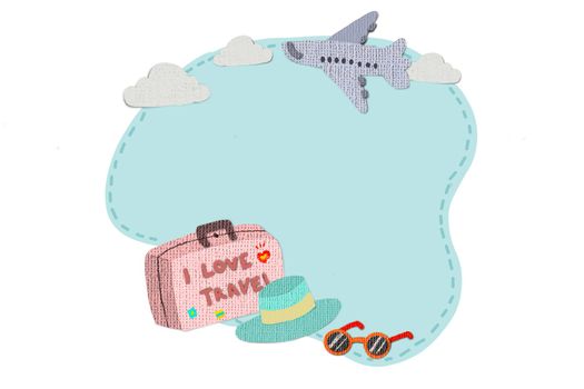 Paper cut texture style of travel doodle icon background such as airplane, sunglasses and hat. Vacation on holiday concept.