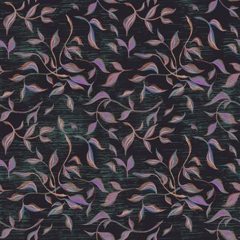 Seamless leaf pattern. Black background made with feit-tip pens and marker. Trendy scandinavian design concept for fashion textile print. Nature illustration.