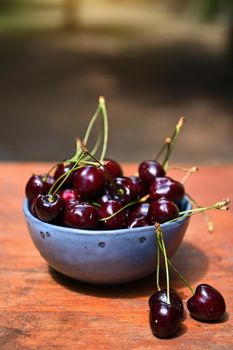 Still life composition of a pair of fresh ripe cherries on rustic wooden table, against a blue ceramic bowl full of ready-to-eat cherry berries against blurred nature background