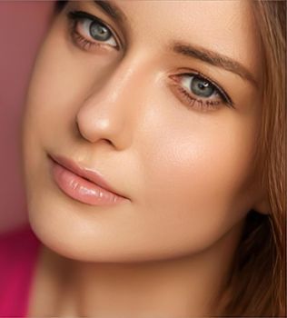 Beauty, makeup and skincare cosmetics model face portrait on pink background, beautiful woman with natural make-up, perfect healthy skin glow, facial care closeup