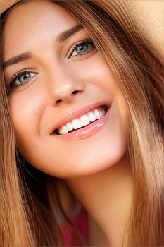 Fashion, travel and beauty face portrait of young woman, happy smiling model wearing beach sun hat in summer, head accessory and style concept