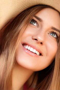 Fashion, travel and beauty face portrait of young woman, happy smiling model wearing beach sun hat in summer, head accessory and style concept