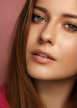 Beauty, makeup and skincare cosmetics model face portrait on pink background, beautiful woman with natural make-up, perfect healthy skin glow, facial care closeup