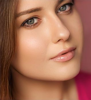 Beauty, makeup and skincare cosmetics model face portrait on pink background, beautiful woman with natural make-up, perfect healthy skin glow, facial care closeup