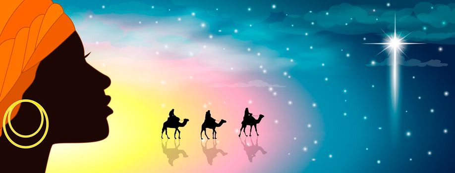 Silhouette of a young woman and a caravan of camels against the background of a starry sky and a shining star.