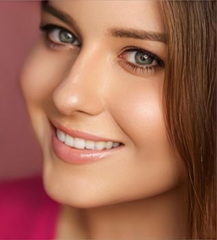 Beauty, makeup and skincare cosmetics model face portrait on pink background, smiling woman with natural makeup, perfect healthy teeth, dental care closeup