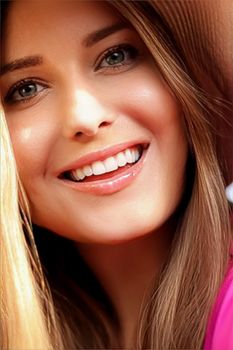 Fashion, travel and beauty face portrait of young woman, happy smiling model wearing beach sun hat in summer, head accessory and style concept