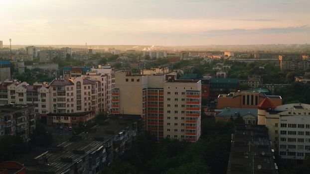 Sunlight falls on the evening city, panorama, sunset