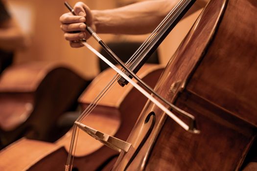 detail of the cello being played during the concert.