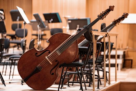 cello on the stage of the Philharmonic during a concert.