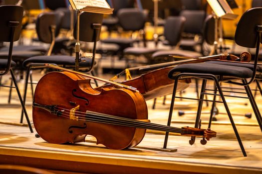 cello on the stage of the Philharmonic during a concert.