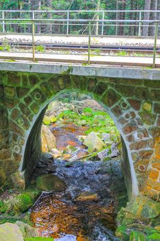 Small waterfall river and stream landscape panorama on the Brocken mountain in National Park Harz in Wernigerode Lower Saxony Germany.