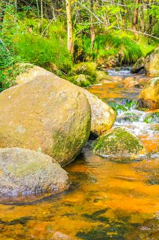 Small waterfall river and stream landscape panorama on the Brocken mountain in National Park Harz in Wernigerode Lower Saxony Germany.