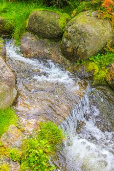 Small waterfall river and stream landscape panorama on the Brocken mountain in National Park Harz in Wernigerode Lower Saxony Germany.