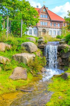 Small waterfall river and stream landscape panorama on the Brocken mountain in National Park Harz in Wernigerode Lower Saxony Germany.