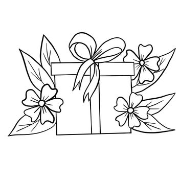 Hand drawn present box gift with floral flower leaves illustration, black white elegant wedding ornament, Line art minimalism tatoo style design summer spring nature branch foliage blossom