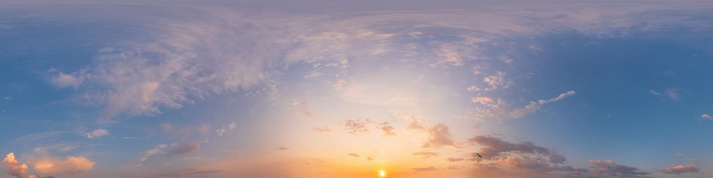 Dark blue sunset sky panorama with pink Cumulus clouds. Seamless hdr 360 pano in spherical equirectangular format.