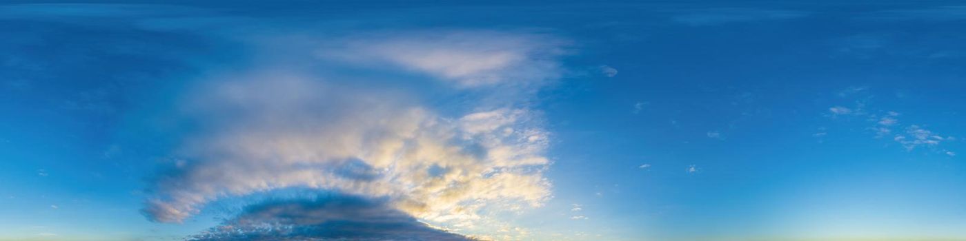 Sky panorama with Cirrus clouds in Seamless spherical equirectangular format. Full zenith for use in 3D graphics, game and editing aerial drone 360 degree panoramas for sky replacement