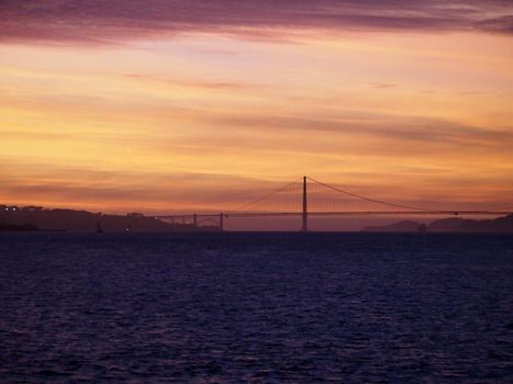 Sunset over San Francisco Bay and the Golden Gate Bridge in California.