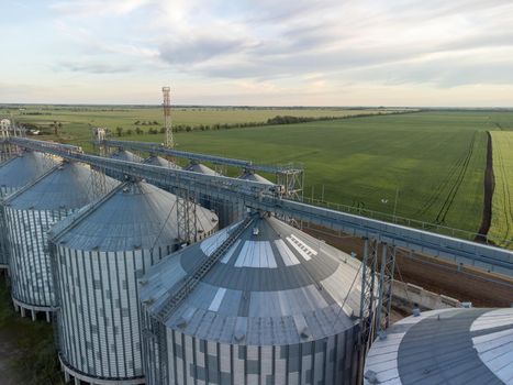 Grain elevator. Metal grain elevator in agricultural zone. Agriculture storage for harvest. Grain silos on green nature background. Exterior of agricultural factory