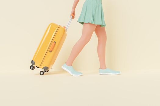 3D illustration of woman in mint skirt and shoes pulling suitcase and walking against light yellow background during summer vacation