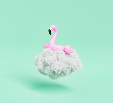 3D illustration of pink flamingo tube floating on gray storm cloud during summer vacation against green background