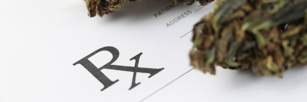 Close-up of dried marijuana herb lying on blank medical prescription. Medication for patient, plant for smoking. Alternative medicine, cbd, cure concept