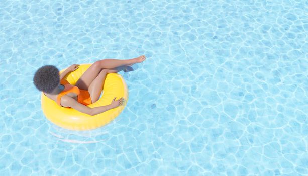 3D illustration of black female tourist in swimwear with Afro hairstyle relaxing in yellow tube in clean water of swimming pool during summer vacation
