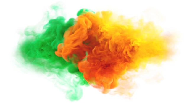 Green and Orange colores smoke texture on a white background. Irish colors. 3D render abstract art for Saint Patricks Day or other fan party