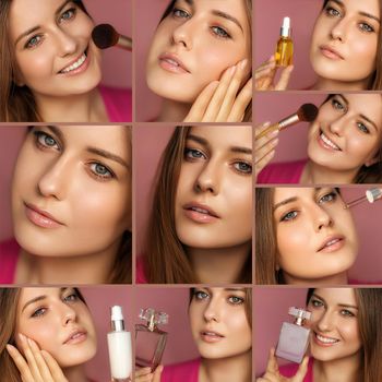 Beauty, makeup and skincare cosmetics collage, beautiful woman using cosmetic products on pink background, model face closeup portrait, luxury facial care ad