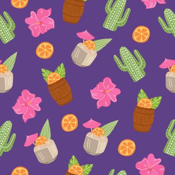 Vector seamless tiki drinks pattern on violet. Seamless pattern with cocktails. Beach bar with summer drinks.