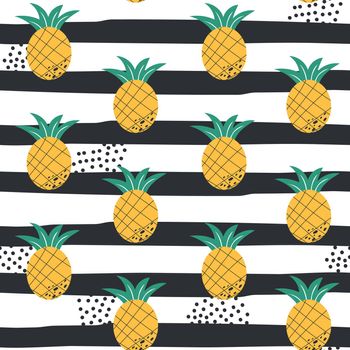 Vector seamless summer pattern with pineapples on black and white striped background. Hand drawn style pattern