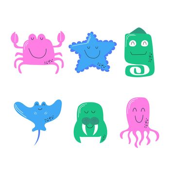 Cute vector sea animals icons on white for stickers. Character for children. Marine theme. Crab, starfish, chameleon, octopus, walrus, stingray