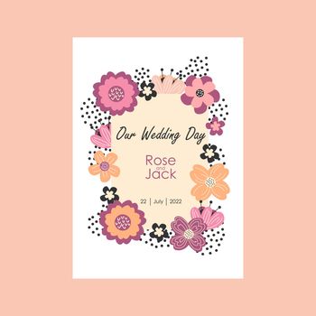 Wedding invitation template in pastel colors. Hand drawn flowers and natural elements.