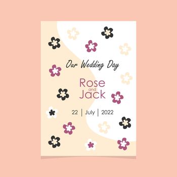 Wedding invitation template in pastel colors. Hand drawn flowers and natural elements. Our wedding day card