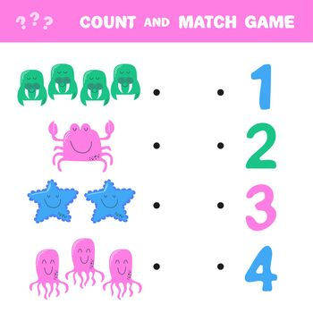Counting game for preschool children. Educational a mathematical game. How many. Learning mathematics, numbers, addition theme. cute sea animals