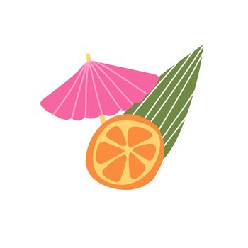 Orange fruit slice and leaves and umbrella for cocktail - simple hand drawn vector illustration on white