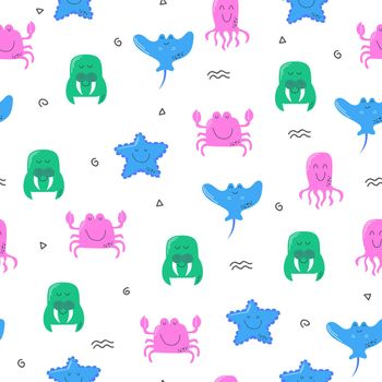 Seamless pattern with cute sea and ocean animals. Repeat design with sea creatures. Vector cartoon illustration on white.