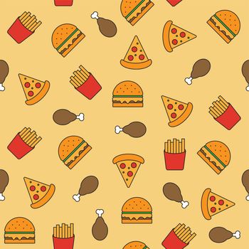 Fast food seamless pattern. Food pattern with burger, pizza, french fries, fried chicken on yellow