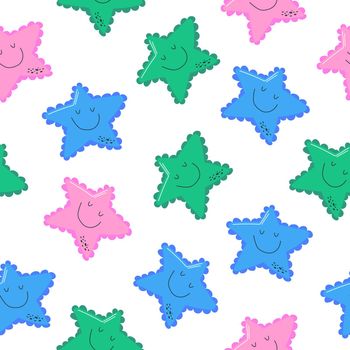 Seamless summer pattern with pink, blue and green starfish. Vector sea illustration for background, textile, fabric. Hand-drawn marine image on white