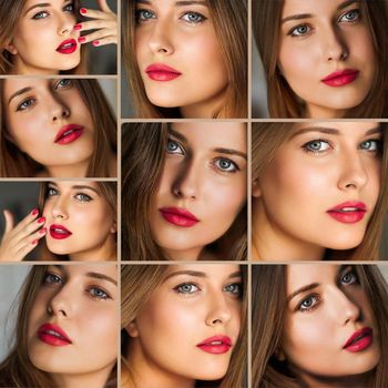 Beauty, makeup and skincare cosmetics collage, beautiful woman with red lipstick make-up, suntanned bronze glowing skin, model face closeup portrait, luxury make up ad