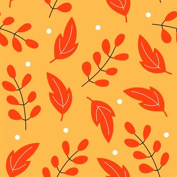 Autumn leaves in cartoon style. Seamless pattern. A cute background with orange and red colors. Seasonal banner