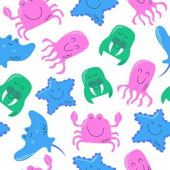 Seamless pattern with cute sea and ocean animals. Repeat design with sea creatures. Vector cartoon illustration on white.